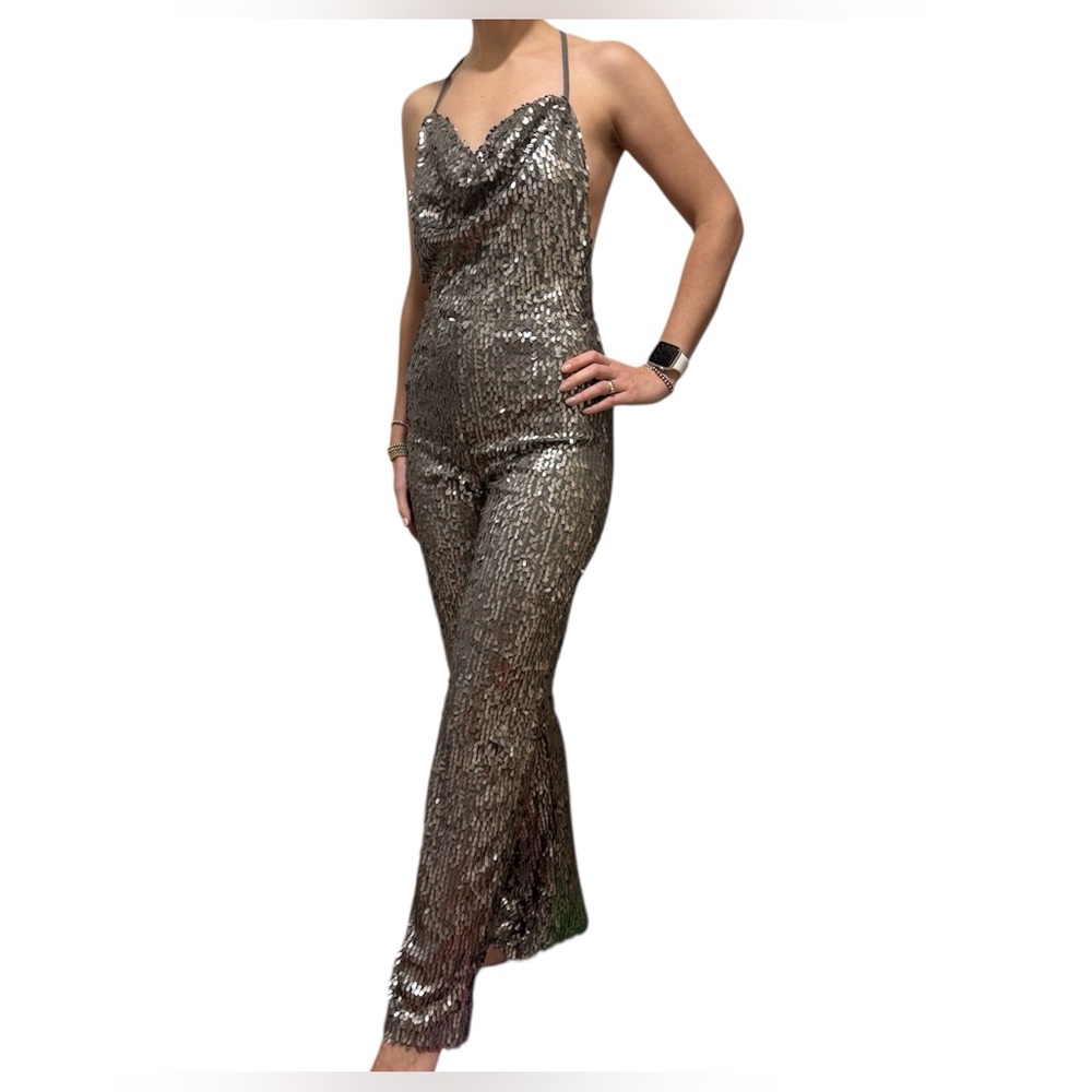 Adixion Silver Sequin Halter Jumpsuit size S - Picture 2 of 7